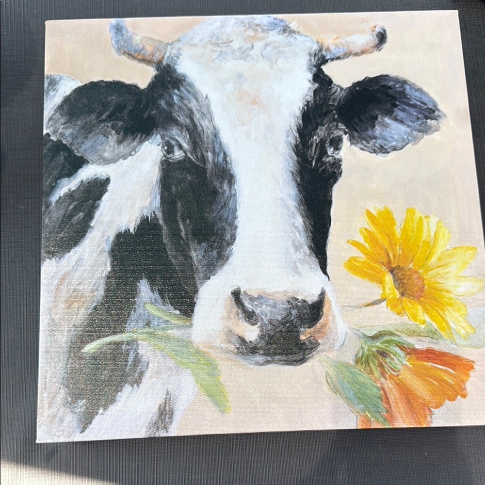 Cow Art Canvas with Sunflower - Black, White, Yellow